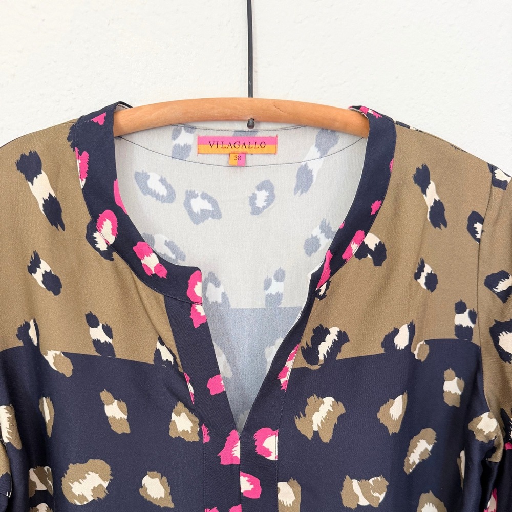 Vilagallo Anthropologie Womens Colorblock Leopard Print Blouse Navy Pink 38 M - Picture 3 of 8